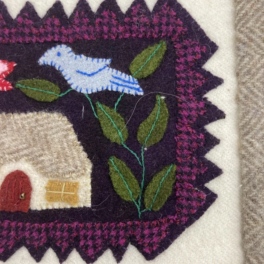 Handmade‎ Wool Fabric Appliqué Sewn Wall Hanging Artist Signed Texas Mouse House